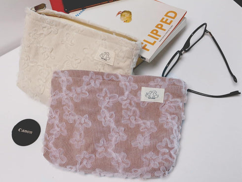 Corduroy Floral Makeup Bag Cosmetic Travel Pouch, Make Up Purse Organizer, Embroidered Lace Flowers,Creamy White...