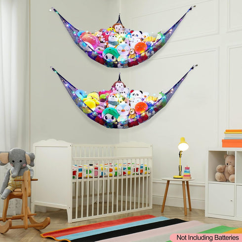 Stuffed Animals Net or Hammock Kids Toy Storage Organizer with LED Light Unicorn Castle Hanging Corner Stuffed Animals Holder Kids Girls Room Deco...