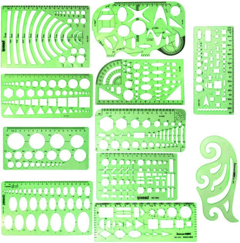 11 Piece Geometric Drawing Template Measuring Ruler, Transparent Green Plastic Ruler with Portable Plastic Bag for, for Studying, Designing and Bu...
