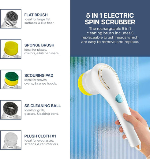 Electric Scrubber, Handheld Cleaning Brush, Includes 5 Replaceable Heads, Bathroom, Kitchen, Floor, Dish, Shoe, Glass - Multifunctional Home Acces...
