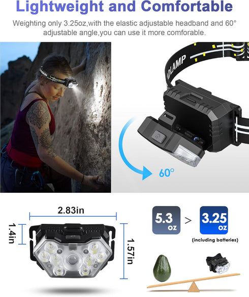 2000 Lumen 9 LED Headlamp, Ultra Bright Head Lamp with 6 Modes, Lightweight Head with Adjustable Strap, IPX5 Waterproof Headlight Great for Campin...