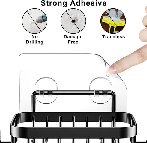 ODesign Soap Dish Holder with 6 Hooks Loofah Bath Sponge Towel Razor Holder for Bathroom Shower Kitchen Adhesive Wall Mounted No Drilling-Black-1 ...