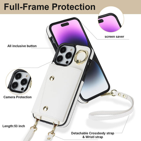 LUVI Compatible with iPhone 15 Pro Wallet Case with Card Holder Crossbody Neck Strap Lanyard Wrist Strap Purse for Women PU Leather Flip Case with...