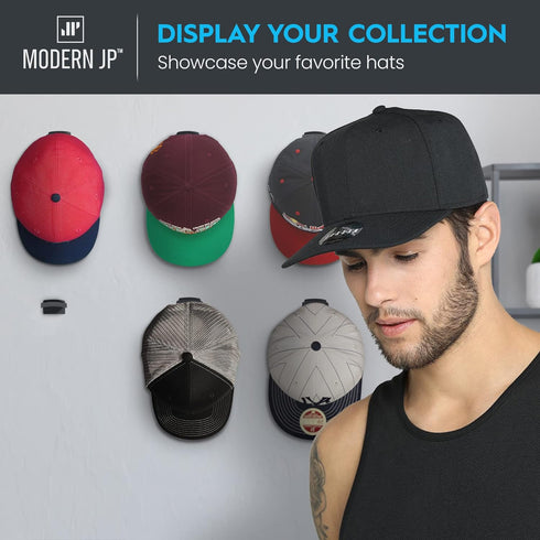 Modern JP Adhesive Hat Hooks for Wall (16-Pack) - Minimalist Hat Rack Design, No Drilling, Strong Hold Hat Hangers - USA Patented, Black...