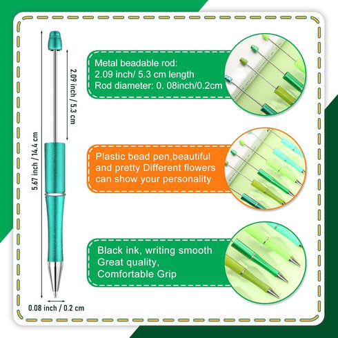 60 Pieces Plastic Beadable Pen Bead Ballpoint Pen Black Ink Beaded Pens for Kids Students Presents Office School Supplies (Green Series,Classic)...