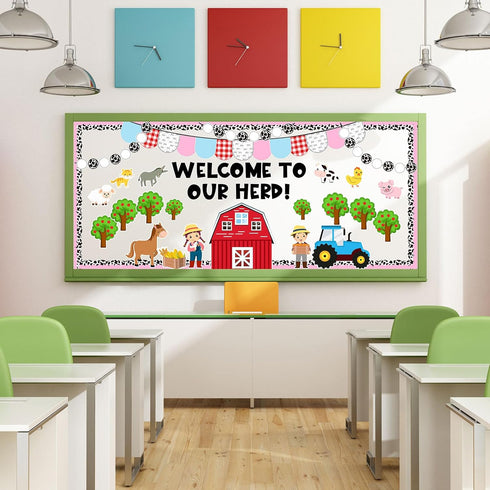97Pcs Farm Animals Bulletin Board Kit Farmhouse Themed Bulletin Board Set Barnyard Animals Decoration Borders Cutouts with Glue Points for Farm Pa...