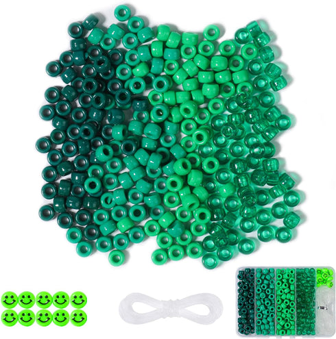Yochus Green Pony Beads, 250Pcs 6x9mm 4 Colors Kandi Hair Beads wih 10Pcs Smiling face Beads, Friendship Bracelets Jewelry Making Kit for Teen Gir...