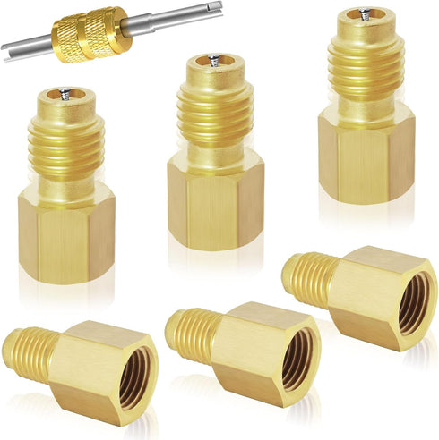 Boltigen 6pcs R134a Refrigerant Tank Adapters, R12 to R134a AC Fitting Connector, 1/2 to 1/4 Flare R134a Vacuum Pump Adapter Fittings with Valve C...