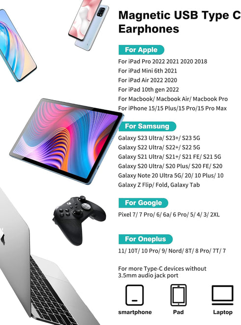 USB C Headphones for iPad 10 Pro Air (M4),iPhone 15 Pro Max Samsung S24 Ultra S23 FE S22,Magnetic Wired Earbuds Stereo USB Type C Earphones with M...