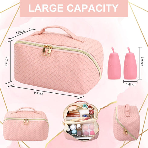 Fixwal 9x4 Inch Travel Makeup Bag, Large Capacity Cosmetic Bags for Women, Waterproof Portable Pouch Open Flat Toiletry Bag Make Up Organizer with...