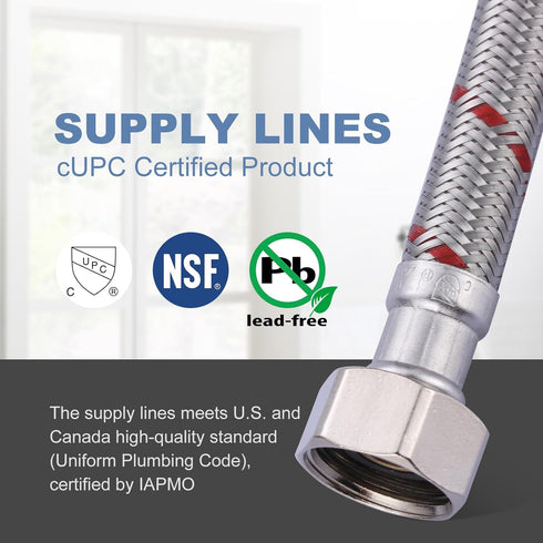12 Inch Length Faucet Hose 1/2” to 1/2”, Braided Stainless Steel cUPC Supply Lines 1/2 Inch FIP x 1/2 Inch FIP Sink Hose Attachment for Faucet 1 P...
