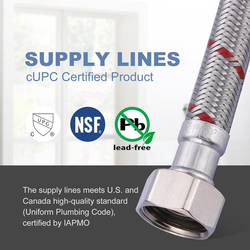 36 Inch Length Faucet Hose 1/2” to 1/2”, Braided Stainless Steel cUPC Supply Lines 1/2 Inch FIP x 1/2 Inch FIP Sink Hose Attachment for Faucet 1 P...