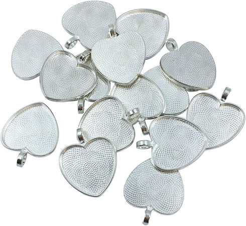 30 PCS 25mm Silver Heart Pendant Trays with Glass Setting,Pendant Blank Base,Silver Pendant Trays,Cameo Bezel Cabochon Settings...