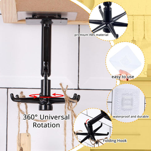 4 Pieces 360 Rotating Folding Hook Multi-purpose Hanging Utensil Holder Hook 180 Degrees Vertical Flip Self-Adhesive Hook Utensil Rack with 6 Hook...