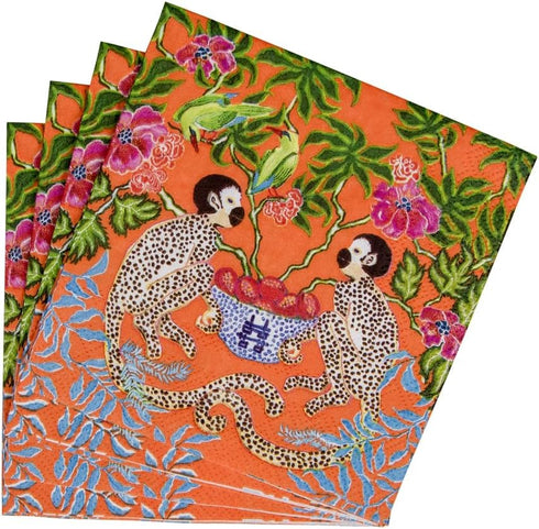 Caspari Monkeys Paper Cocktail Napkins in Orange - Two Packs of 20...