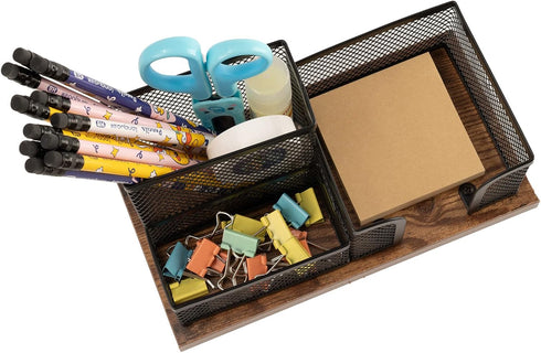Antique Wood & Mesh Pen Holder Office Supplies Caddy, Storage Baskets for Desktop Accessorieswith Sticky Notes Holder,3 Compartments(2 Pack Black)...