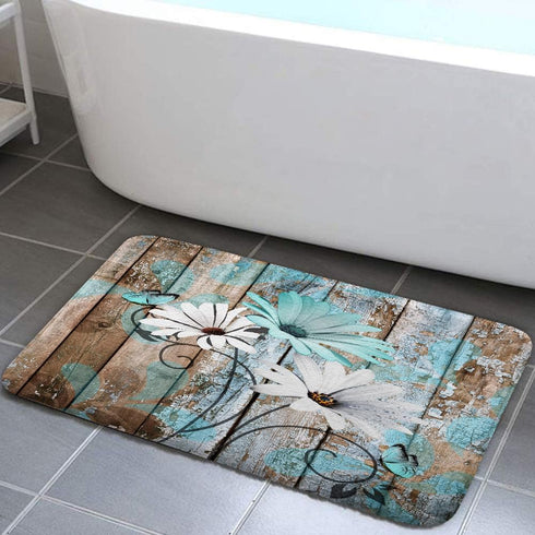 Farmhouse Floral Flower Bath Mat, Teal Daisy Rustic Wooden Plank Country Barn Wood Turquoise Blue Non-Slip Flannel Soft Doormat Floor Entryways Ou...