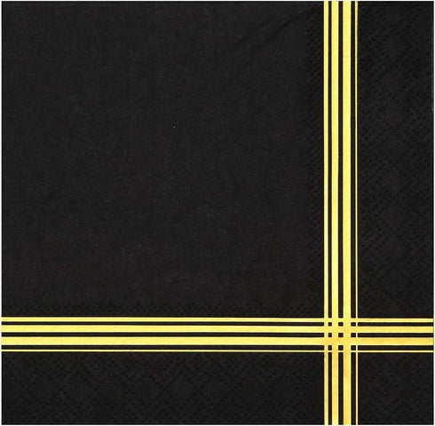 50 Black Gold 3-ply Cocktail Napkins - 5 x 5 Inches, Gold Foil Trim Stripe Bar Napkins for Wedding, Birthday, Graduation, New Year 2024 Decoration...