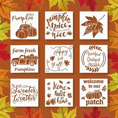 9 Pieces Reusable Thanksgiving Stencils for Painting on Wood, Pumpkin, Truck, Home Sweet Home, Harvest, Maple Leaf, Autumn Painting DIY Mould Deco...