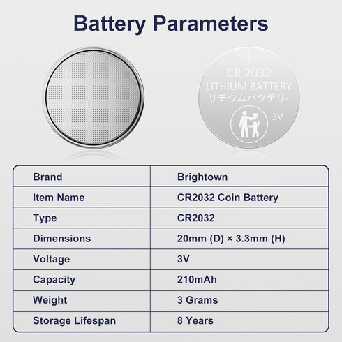 Brightown CR2032 Batteries, 3V Lithium Coin Cell Batteries, CR2032 Button Batteries for Small Electronic Devices, Watches, Key Fobs, Smart Sensors...