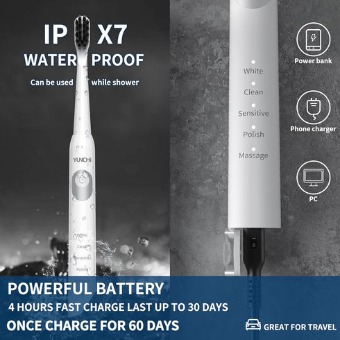 YUNCHI Sonic Electric Toothbrush for Adults & Kids with 8 Charcoal Brush Heads, Y2 Rechargeable Electric Toothbrushes, Deep Clean & Fresh Breath, ...