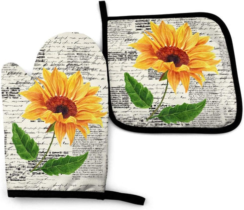 Watercolor Sunflowers Oven Mitts and Pot Holders Sets Heat Resistant Oven Gloves with Non-Slip Surface for Safe BBQ Cooking Baking Grilling Set of...