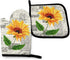 Watercolor Sunflowers Oven Mitts and Pot Holders Sets Heat Resistant Oven Gloves with Non-Slip Surface for Safe BBQ Cooking Baking Grilling Set of...