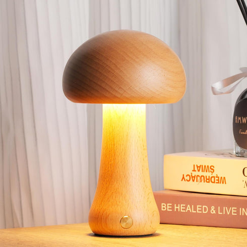 Small Wood Mushroom Lamp, LED Cordless Bedside Touch Lamp, Portable Dimmable Battery Mushroom Lamp for Bedroom Nightstand...