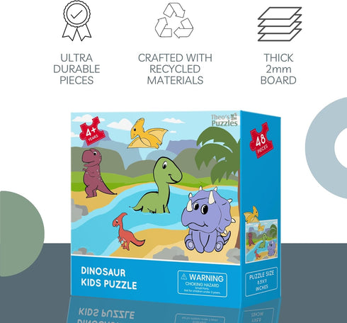 Dinosaur Kids Puzzle - Fun 48-Piece Jigsaw with Diverse Dinosaur, Rivers, and Volcano Scenery for Ages 4+, Perfect Dinosaur Puzzles for Kids Ages ...