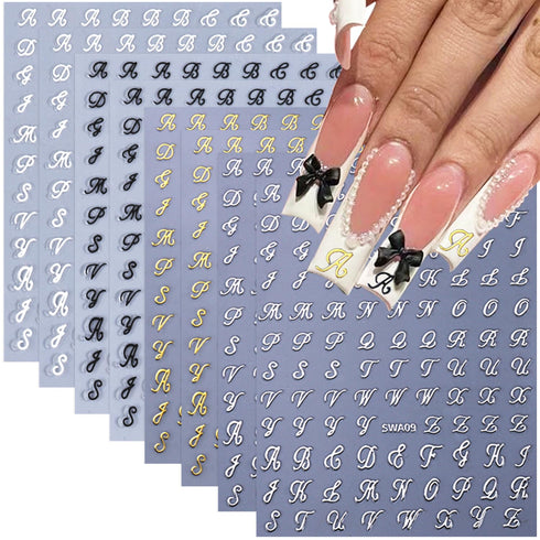 8 Sheets Retro English Letters Nail Stickers for Nail Art - Black White Gold Silver Retro English Nail Art Decals 3D Self-Adhesive Letter Nail Sti...