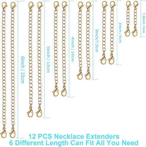 12 PCS Necklace Extenders - Stainless Steel Necklace Extension Chain for Jewelry, Bracelets & Anklets (1"-6" Lengths, Gold)...