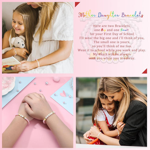 Mother Daughter Bead Bracelet Set for 2, Mommy and Me Matching Bead Bracelet, Mama and Mini Matching Heart Bracelets for Mom Daughter Valentines M...