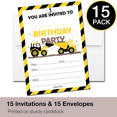 Papery Pop Construction Trucks Birthday Invitations with Envelopes (15 Count) - Kids Birthday Party Invitations for Boys - Tractor...