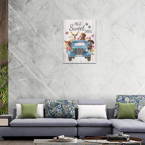 Dachshund Dog Wall Art Funny Dog driving Car Pictures Wall Decor Farmhouse Sausage Dog Truck Decor Painting Prints Artwork Framed for Bathroom Kit...