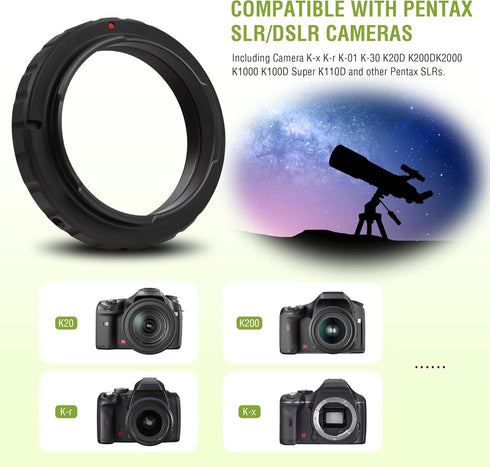 Alstar Telescope Camera Adapter T2 T Ring Adapter Metal Compatible for Pentax SLR/DSLR Cameras Standard Pentax-K Lenses and Telescope Photo Adapte...