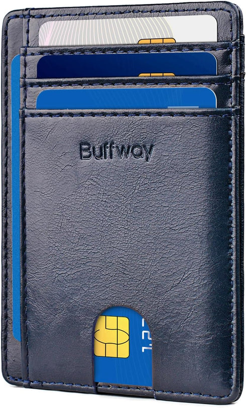 Buffway Slim Minimalist Front Pocket RFID Blocking Leather Wallets for Men and Women - Alaska Blue...