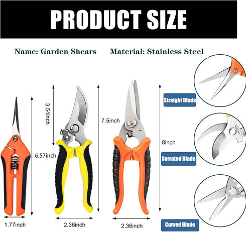 3 Pack Garden Pruning Shears, Gardening Shears Garden Scissors Stainless Steel Garden Shears, Pruning Gardening Scissors, Garden Clippers, Pruning...