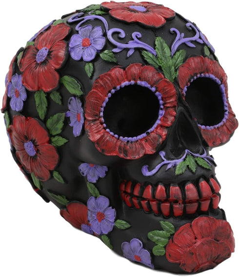 Ebros Black Day of The Dead Floral Blooms Sugar Skull Figurine DOD Skulls Statue 6" Long As Halloween Ossuary Macabre Decor Collectible (Summer Re...