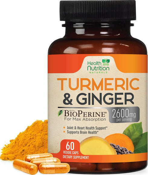 Turmeric Curcumin with BioPerine & Ginger 95% Curcuminoids 2600mg - Natural Joint & Heart Support, Black Pepper for Max Absorption - Health Nutrit...