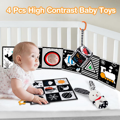 Baby Toys 0-6 Months - 4 Pcs High Contrast Black and White Baby Toy 0-3 Months for Newborn - Tummy Time Toys Infant Sensory Toys Soft Book for Bab...