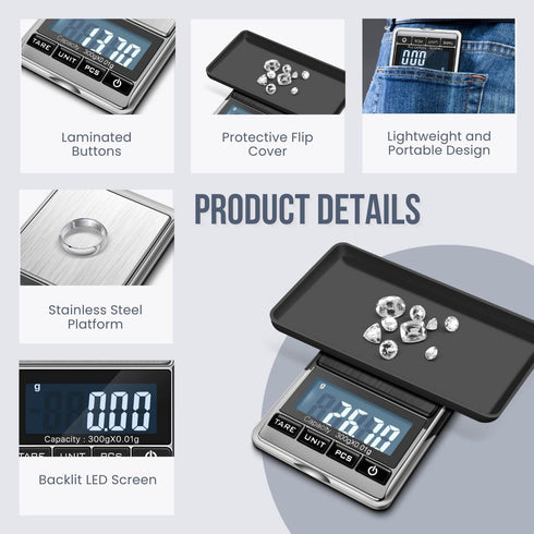 Flexzion Jewelry Small Digital Scale .01 Gram Accuracy - Portable Digital Jewelry Scale Gram & Ounces with 300g Weight Capacity - Micro Scale for ...