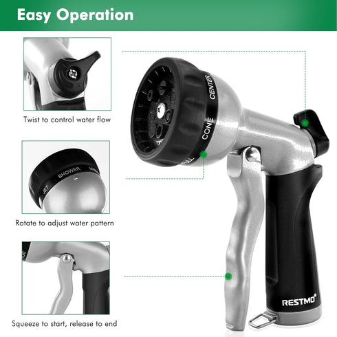 RESTMO Garden Hose Nozzle, Heavy Duty Metal Water Nozzle with 7 Adjustable Spray Patterns, High Pressure Hand Sprayer with Flow Control, for Water...