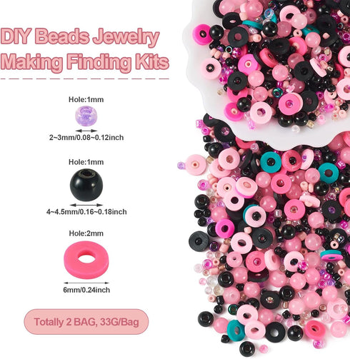 Assorted Pink and Black Beads Kit Pink Heishi Clay Beads Black Pearl Beads Glass Seed Beads Small Rondelle Pony Beads for Crafts DIY Bracelet Jewe...