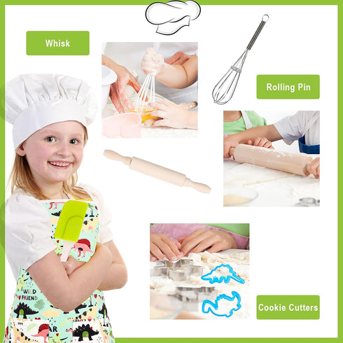 TEUVO Kids Baking Chef Set 35 Pcs with Dinosaur Apron and Mitt, Cooking Chef Dress Up Role Play Kitchen Toys Set for Kids Aged 3 4 5 6 7 8...