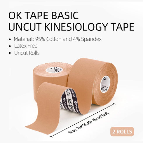 OK TAPE Basic Original Cotton Kinesiology Tape (2 Pack), Elastic Water Resistant Therapeutic Athletic Tape, Latex Free, Pain Relief, Injury Recove...