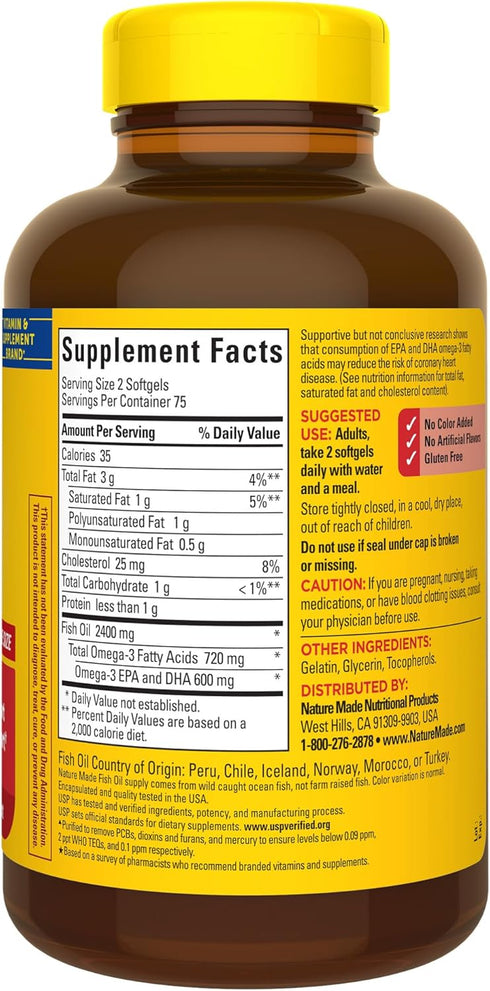 Nature Made Fish Oil 1200 mg Softgels, Fish Oil Supplements, Omega 3 Fish Oil for Healthy Heart Support, Omega 3 Supplement with 150 Softgels, 75 ...