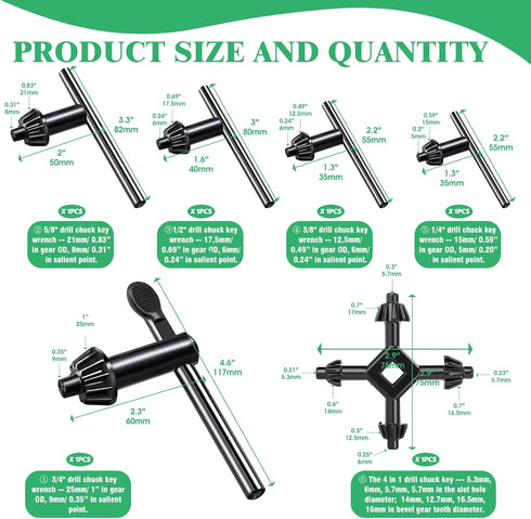 6Pcs Carbon Steel Drill Chuck Key Wrench Set, 3/4" 5/8" 1/2" 3/8" 1/4" Electric Drill Clamping Tool and 4 in 1 Steel Drills Chuck Key for Drill Po...
