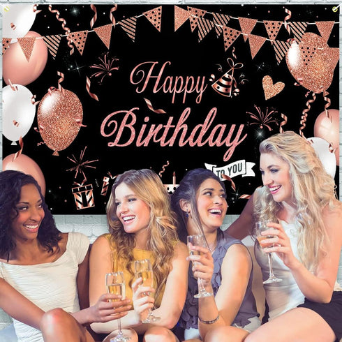KOKAR Happy Birthday Decorations Banner, Large Black and Rose Gold Happy Birthday Banner Sign, Happy Birthday Backdrop for Girls Women Birthday Pa...
