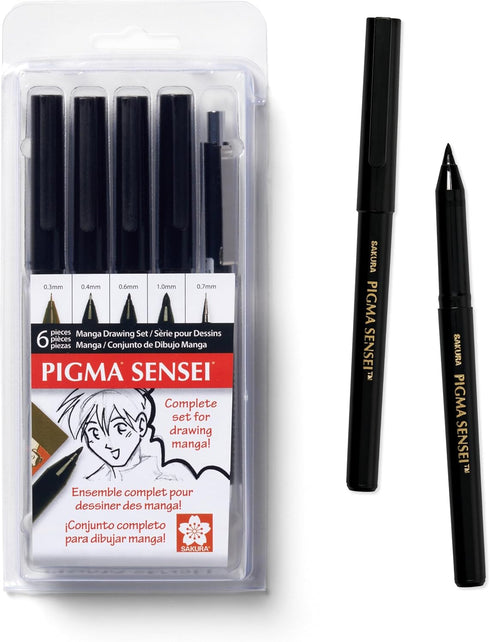Sakura Pigma Sensei Manga Drawing Kit - Archival Black Ink Pens with Pencil & Eraser - Pens for Drawing Manga, Cartoon, & More - Assorted Nib Size...