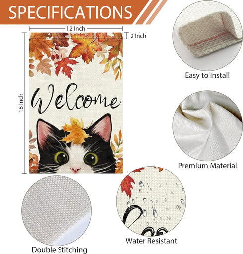 Welcome Fall Garden Flag 12 x 18 Inch Vertical Double Sided Burlap, Autunm Cute Cat Garden Yard Flags for Yard Thanksgiving Holiday Outside Outdoo...
